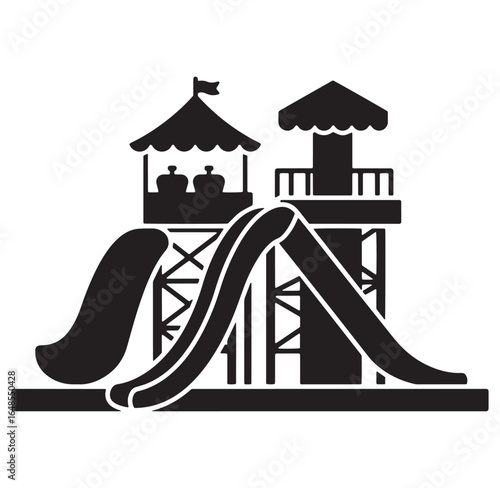 Black and white illustration of a water park slide complex isolated on white background