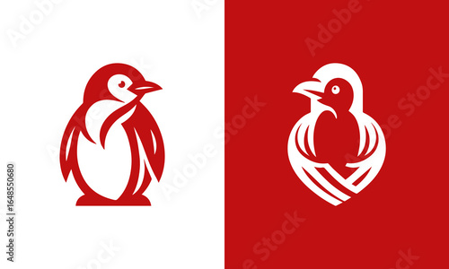Penguin and Bird Logo, Red and White Minimalist Design, Corporate Branding