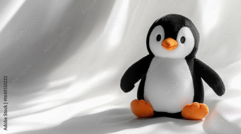 Fototapeta premium Penguin stuffed animal sitting on white fabric background indoors