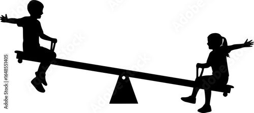two children playing on a seesaw, silhouette, playground, white background