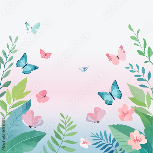 A pastel watercolor vector background with a nature scene, including butterflies and subtle foliage in light green, pink, and sky blue, perfect for eco-friendly branding.