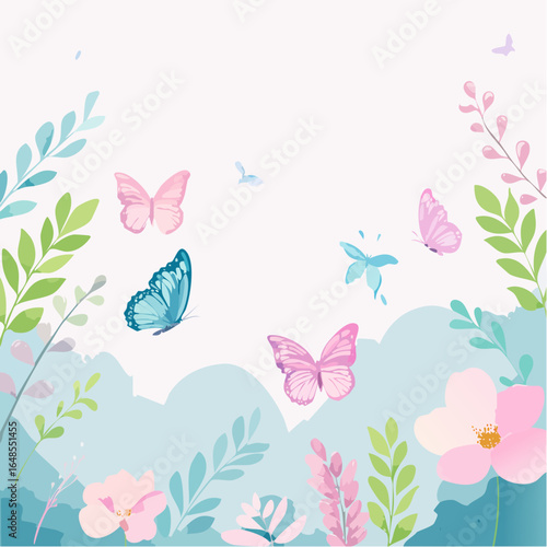A pastel watercolor vector background with a nature scene, including butterflies and subtle foliage in light green, pink, and sky blue, perfect for eco-friendly branding.
