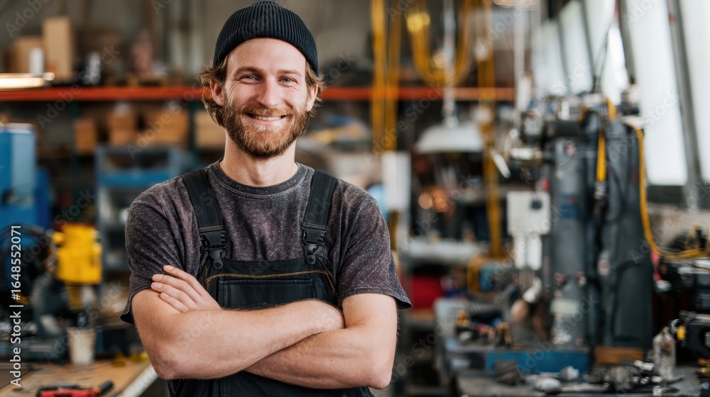 Obraz premium A cheerful craftsman smiles confidently in a well-equipped workshop, showcasing skill and dedication to his trade.