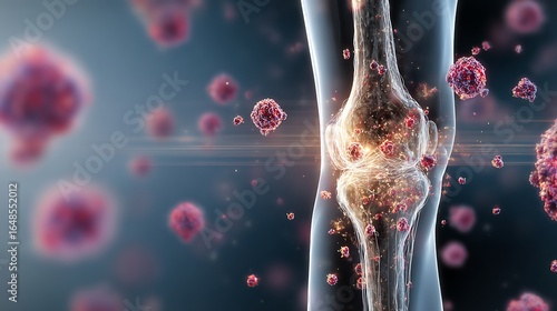 Wallpaper Mural Orthopedic X-Ray View Of Femur Showing Tumor Lesion In Metaphysis Region, Overlaid Medical Labels, Side Panel Showing Microscopic Bone Marrow Cells With Visible Cancer Spread, Profes Torontodigital.ca