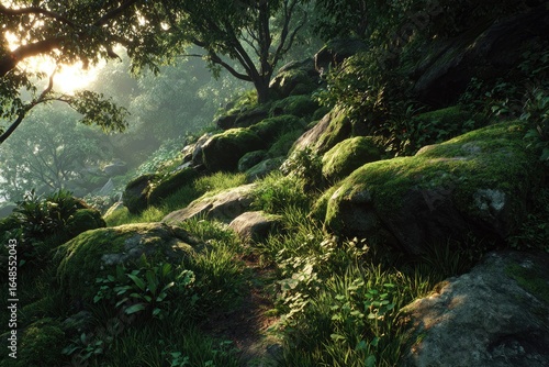Lush forest scene with sunbeams filtering through trees