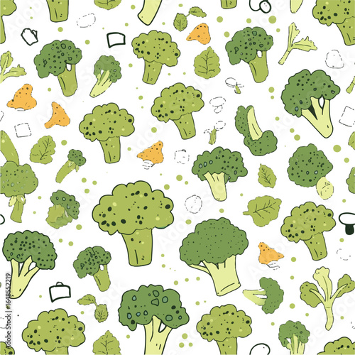 Seamless pattern with a collection of fresh, green vegetables like broccoli, cabbage, and lettuce