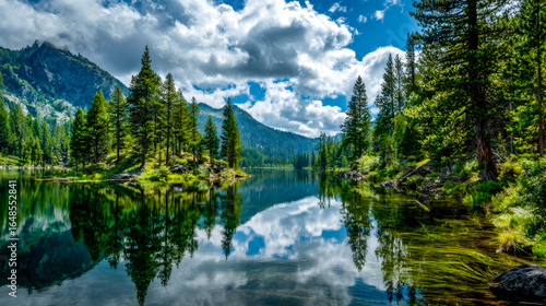 Serene mountain lake surrounded by lush pine forests and dramatic sky reflection