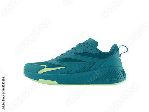 Teal athletic shoe with lime accents isolated on a transparent background footwear