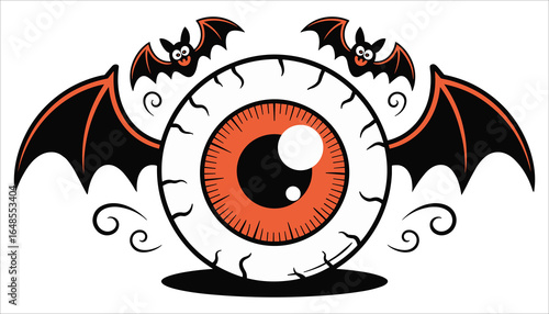 Creepy Eyeball with Bats. Halloween Scary Eye Illustration.