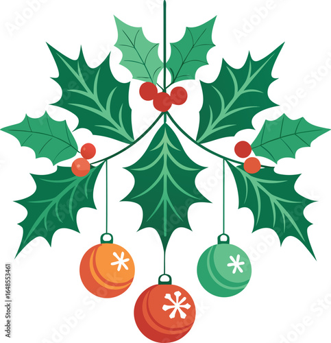 Elegant holly branches with dangling ornaments for festive designs