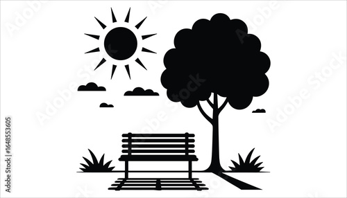 Park Bench with Tree and Sun. Outdoor Nature Scene Illustration.