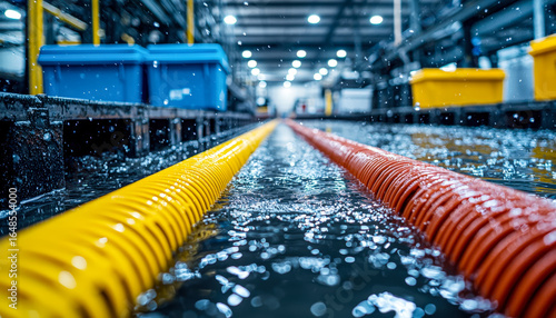 Indoor swimming pool lanes with water splashes and colorful floatation tubes