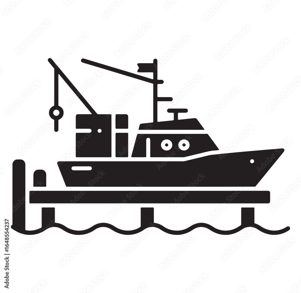 Obraz premium Black and white vector illustration of a fishing boat docked at the pier