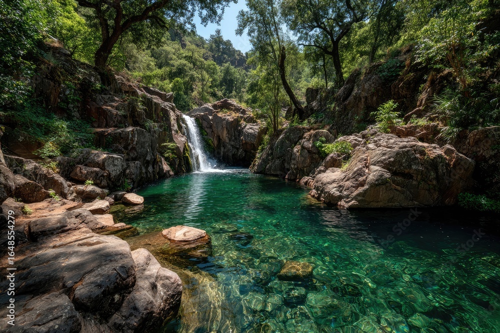 Fototapeta premium Crystal-clear pool at a cascading waterfall, nestled beneath lush forest