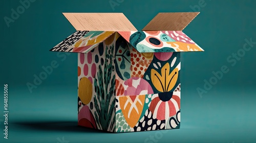Open box with vibrant, abstract floral pattern