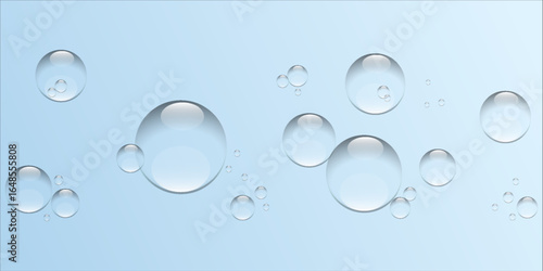 Transparent water bubbles of various sizes floating on a soft gradient sky blue backdrop, representing cleanness, freshness,