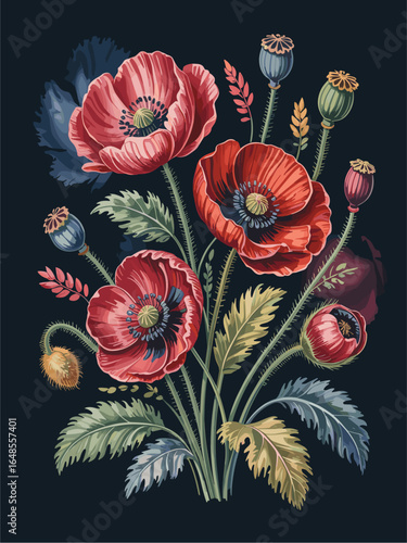 Watercolor vector poppy bouquet with glowing crimson blooms on a dark textured background, baroque floral fantasy style with intricate petals and soft, ethereal lighting