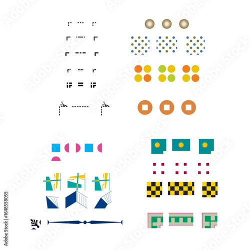 Abstract Shape Pattern: A vibrant and modern geometric pattern with colorful shapes, lines, and dots on a clean backdrop, perfect for design projects and artistic compositions.