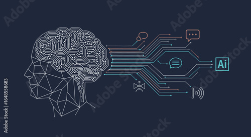 Modern AI brain concept with circuits and data streams, representing technology