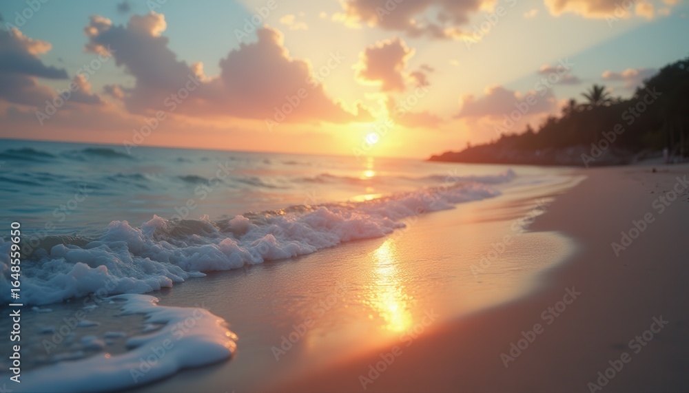 Fototapeta premium Ocean waves crashing at sunset on a tranquil beach