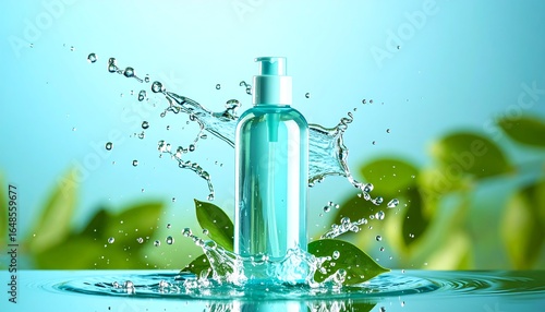 Teal bottle in water splash, surrounded by leaves