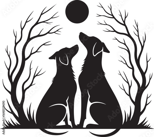 Two dogs look up at moon under bare trees