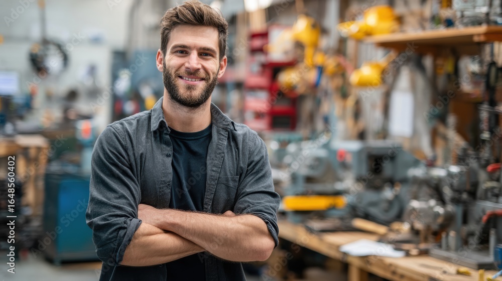Obraz premium A confident young man smiling in a workshop, showcasing craftsmanship and a passion for his trade.