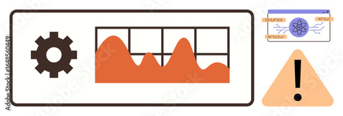 Gear beside a chart with fluctuating data, alert icon, and diagram. Ideal for data analytics, UX, automation, warning systems, dashboard design, tech infographics simple flat metaphor