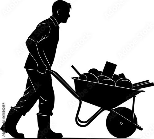 silhouette of a person pushing a wheelbarrow, filled with materials, vector