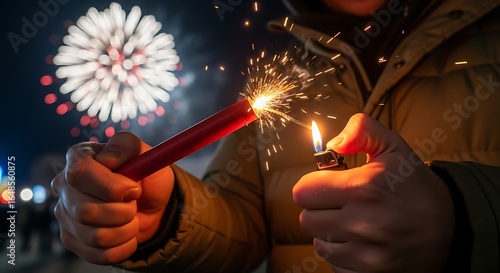 Igniting the night: Person lighting a firecracker with a sparkling firework display in the