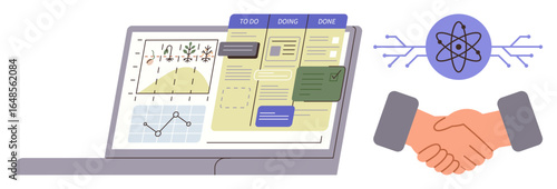 Laptop displaying charts, task board with categories, atomic structure, and handshake. Ideal for teamwork, productivity, project management, technology, innovation data analysis digital solutions