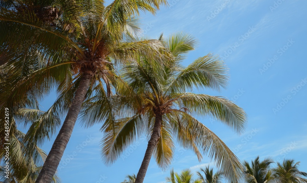 Palm trees reaching towards a vibrant blue sky Palm trees reaching towards a vibrant blue sky