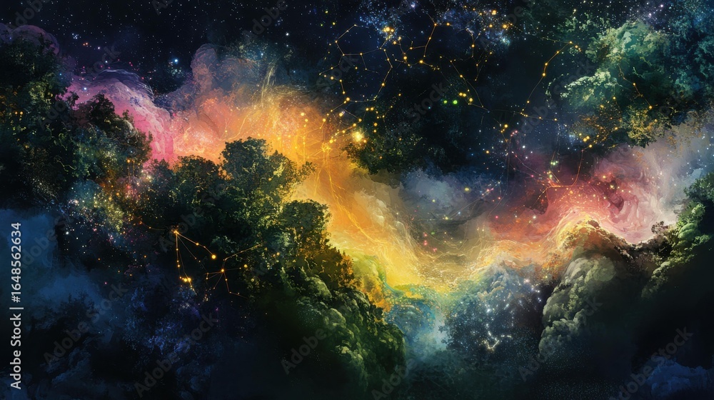 Obraz premium Abstract cosmic nebula with trees in a dreamlike setting