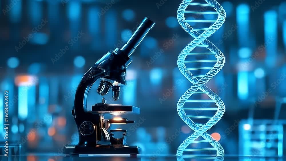 Photo of a microscope and DNA double helix in the laboratory, with blue ...