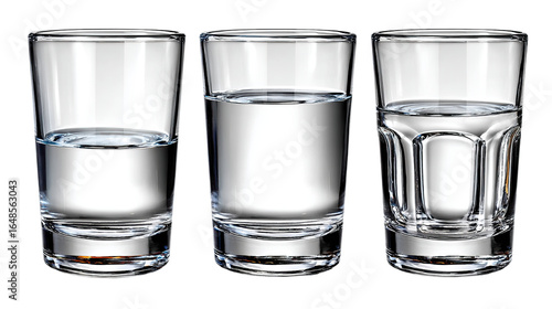 Shot Glasses: A clear array of shot glasses sit side-by-side, showcasing a range of liquid levels, inviting viewers to consider the simple beauty of clear glass and refreshment.