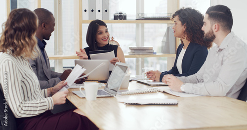 Document, report and business people in meeting for planning, strategy or brainstorming together. Discussion, group and employees with proposal, workshop or training for project collaboration or idea