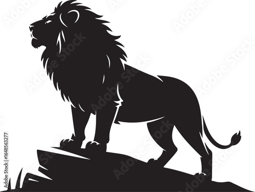 Majestic lion silhouette stands proudly on rocky outcrop