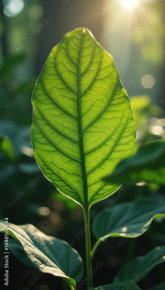 Obraz premium Sunlit leaf glowing in serene forest during daytime