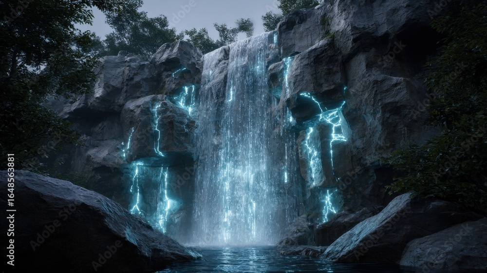 Fototapeta premium A stunning waterfall cascades over rocky cliffs, illuminated by glowing blue accents, surrounded by lush greenery, creating a serene and mystical atmosphere.