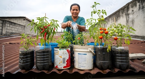 Woman Watering Homemade Urban Rooftop Vegetable Garden, Sustainable, Eco-Friendly, Homegrown, Tomatoes, Chili Peppers, Agriculture