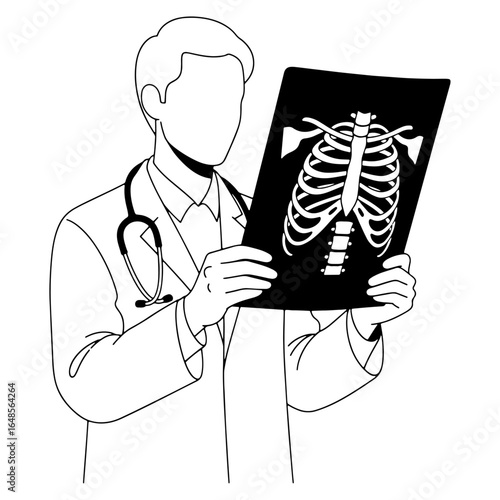 A doctor is examining an X-ray to diagnose a disease, which is useful for imaging diagnosis, radiology, health awareness, and professional medical care.