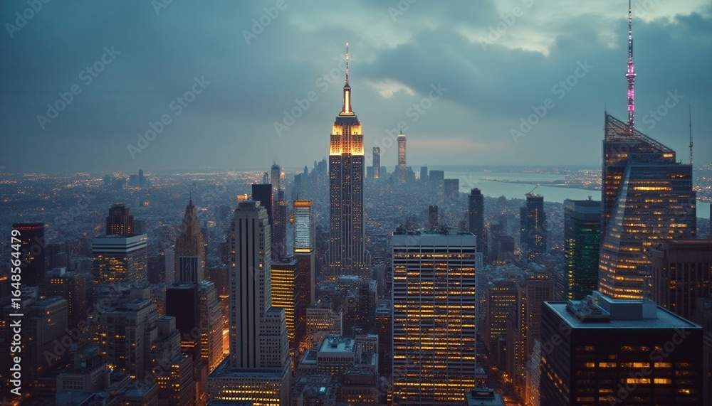 Obraz premium Majestic skyscrapers illuminated at night in urban setting