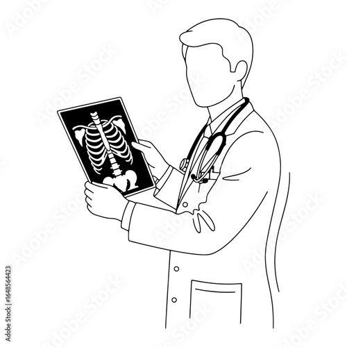A doctor is examining an X-ray to diagnose a disease, which is useful for imaging diagnosis, radiology, health awareness, and professional medical care.