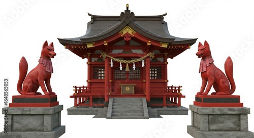朱塗り鮮やか狐像守護神道神社 神聖な光照らす. AI Generated