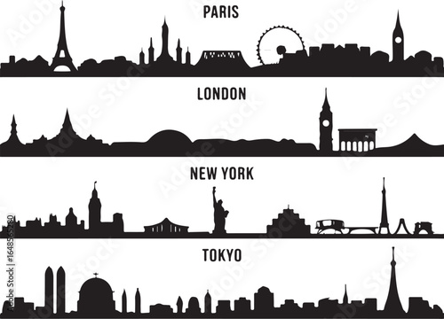 Iconic city skylines travel montage Paris London New York Tokyo
