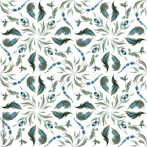Vector floral seamless pattern from hand painted flowers and leaves on a white background