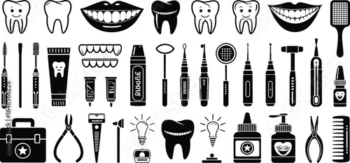 Comprehensive Dental Care Tools and Accessories Set in Black and White Graphic Style Illustration