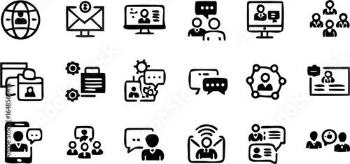 Collection of communication icons depicting networking, meetings, and online interactions shown in black | editable eps vectors