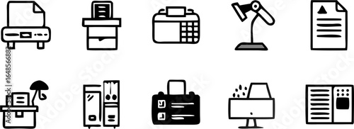 Illustration of office equipment including a fax machine, shredder, desk lamp, and file cabinet | editable eps vectors