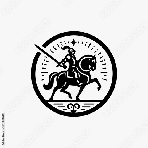 Bold Knight on Rearing Horse with Sword in Circular Emblem Design.